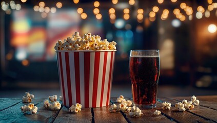 Popcorn and Soda on Wooden Table at Night