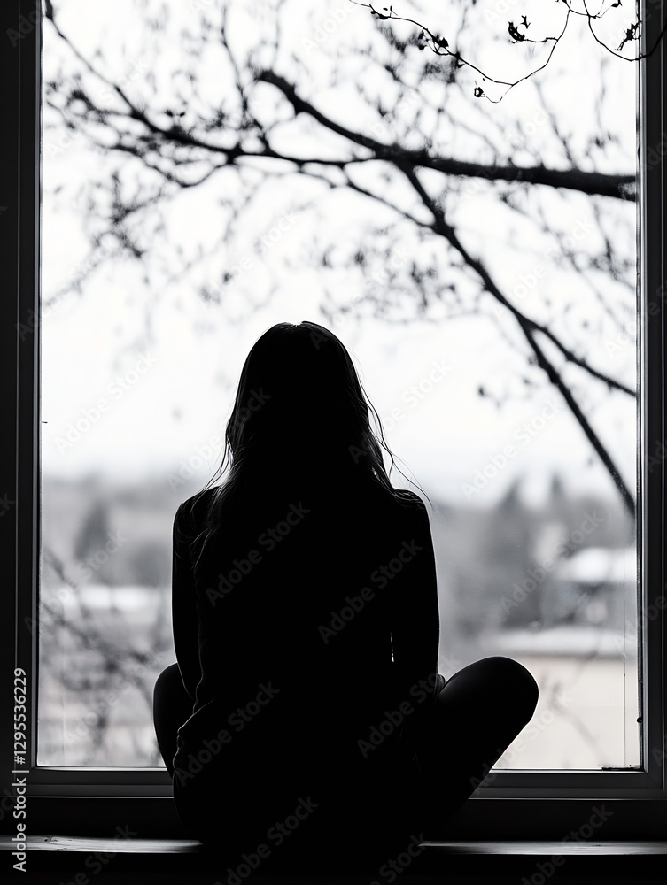 Poster silhouette of a woman sitting by a window with branches outside on a cloudy day : generative ai