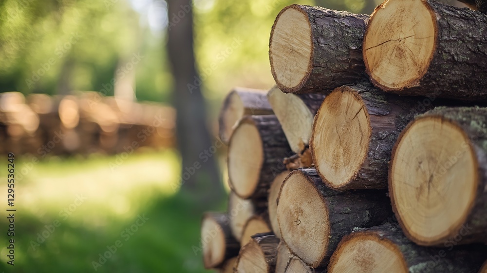 Poster stacked logs in a lush green forest environment showcasing natural resources and timber industry : g