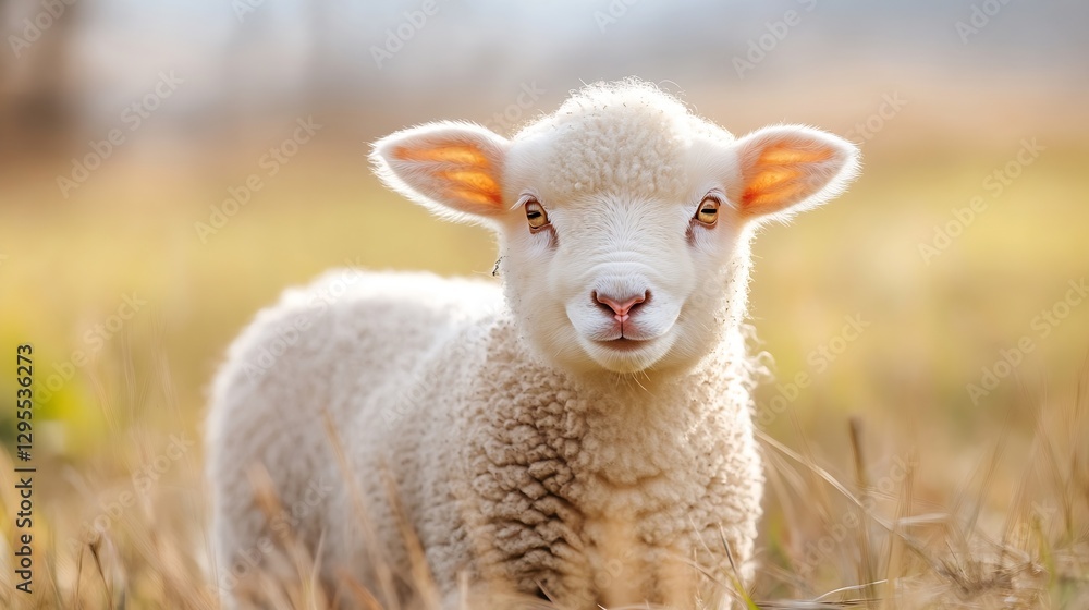 Poster adorable baby sheep with fluffy wool standing in a grassy field during golden hour lighting : genera