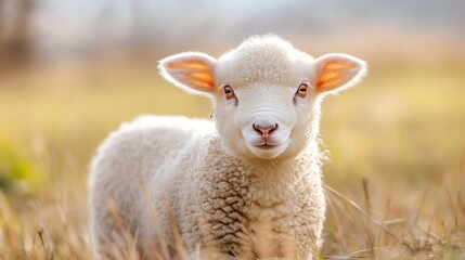 Fototapeta premium Adorable baby sheep with fluffy wool standing in a grassy field during golden hour lighting : Generative AI