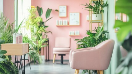 Fototapeta premium Elegant salon interior featuring pink walls and abundant green plants