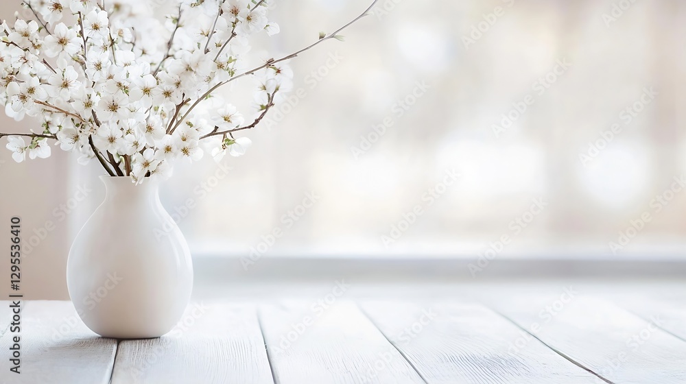 Aufkleber elegant arrangement of white blossoms in a simple vase on a rustic wooden table with soft lighting :