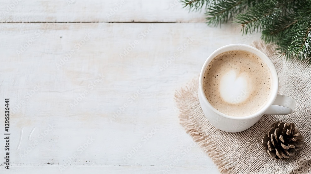 Poster warm cup of coffee with beautiful latte art resting on a rustic wooden table with festive decoration