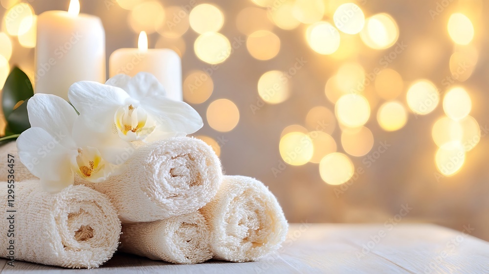 Poster spa essentials including rolled towels candles and white orchids with soft bokeh lights : generative
