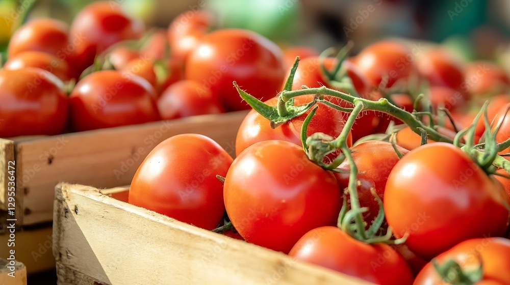 Poster bountiful harvest of fresh red tomatoes displayed in wooden crates at a local market : generative ai