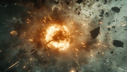 Missile impact, fiery explosion, debris field, space battle, VFX