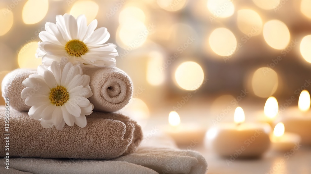Poster relaxing spa setup with soft towels fresh flowers and ambient candles for ultimate comfort : generat