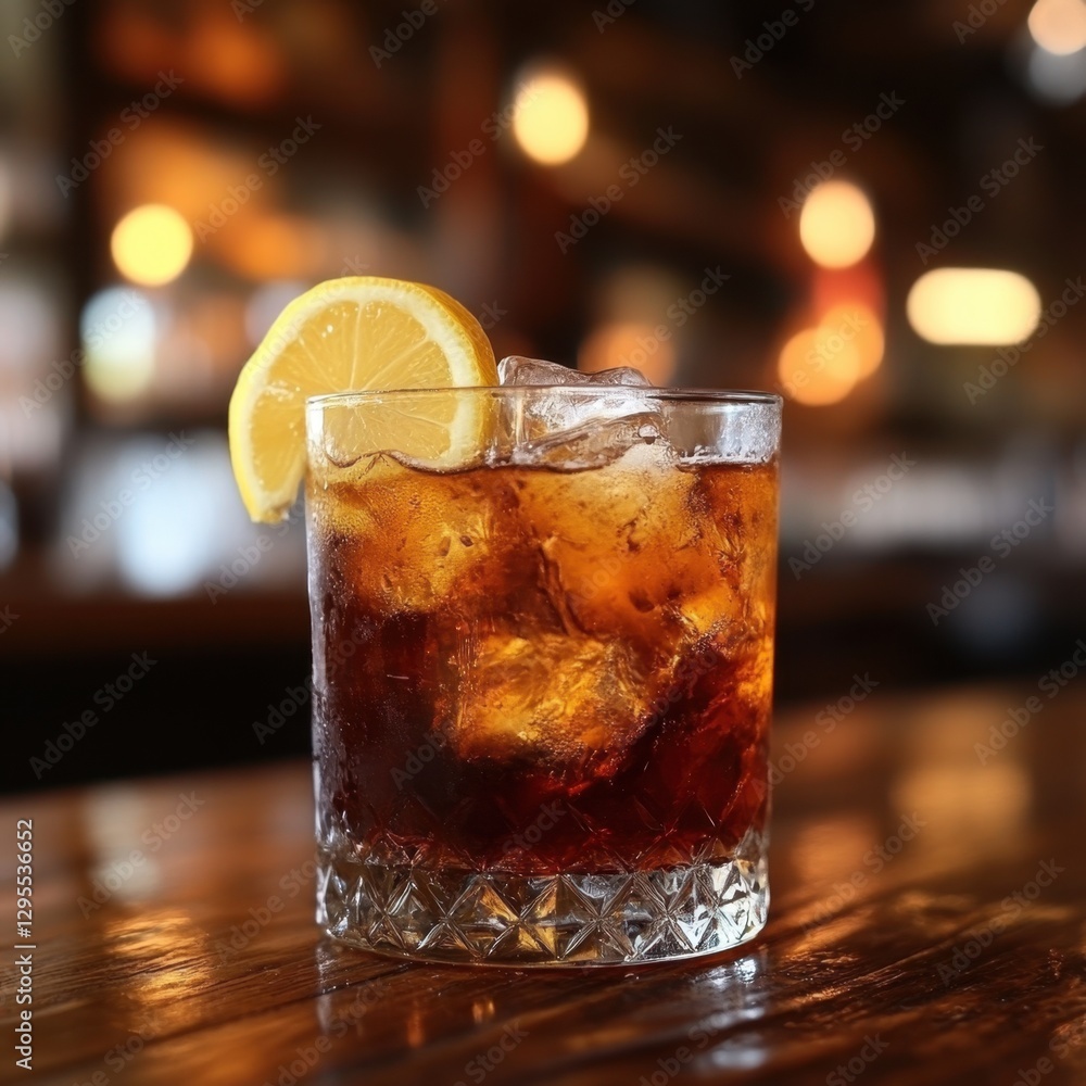 Poster refreshing cola cocktail with lemon slice and ice cubes on wooden table in warm light background