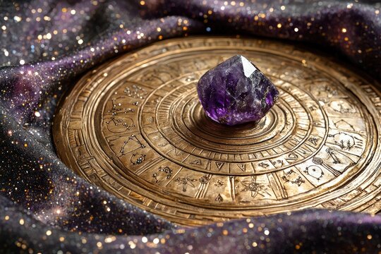 A cosmic wellness decor piece featuring a brass astrological wheel with amethyst crystals, placed on celestial fabric, ideal for spiritual and holistic interiors.  .