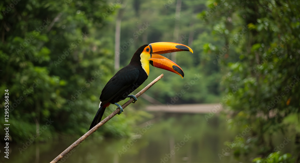 Wall mural exotic toucan perched: a vibrant toucan with striking plumage and an oversized beak perches graceful