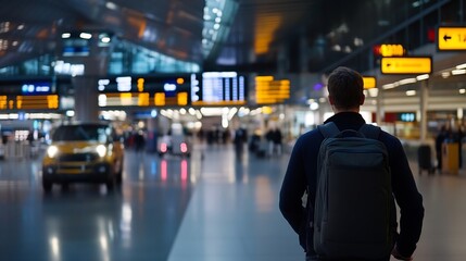 Fototapeta premium Man with a backpack at a modern airport waiting area with departure boards and busy travelers : Generative AI