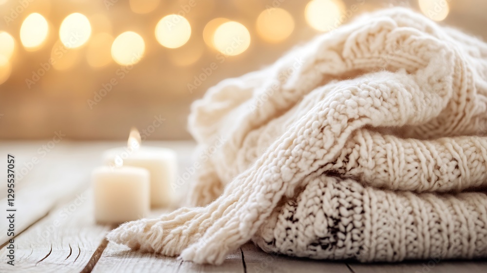 Poster cozy knit blankets stacked on wooden table with soft candlelight background : generative ai