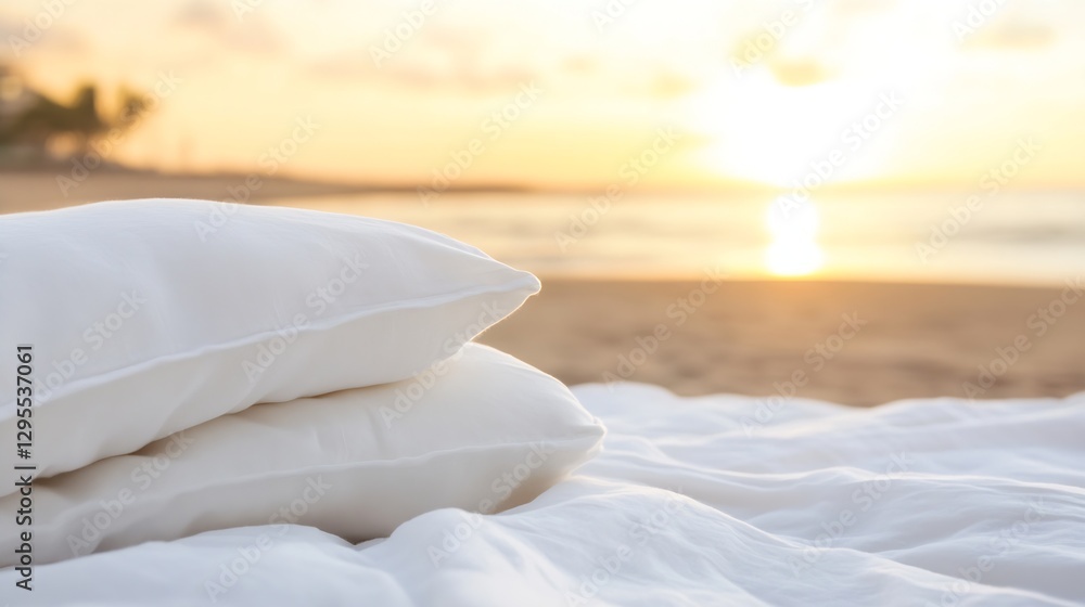 Poster soft pillows arranged on a bed overlooking a scenic beach at sunset creating a peaceful atmosphere :