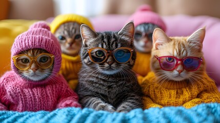 Adorable Cats Wearing Glasses and Sweaters in a Group Portrait
