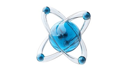 A transparent blue atom with orbital rings on a white background