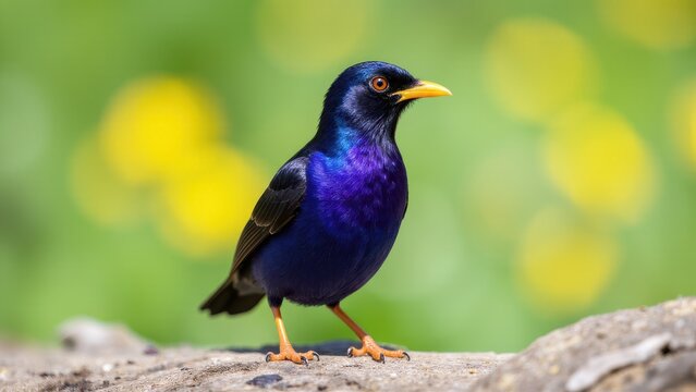 A violet-backed starling with vibrant plumage stands on a rock against a blurred green and yellow background.