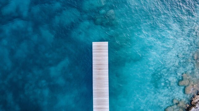Aerial view of a tranquil wooden dock extending over clear blue ocean water : Generative AI
