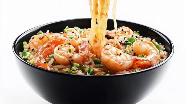 Delicious black bowl of ramen noodles with shrimp, scallion onions, soup broth, herbs and spices with an all white background