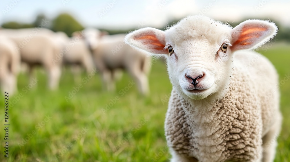 Poster cute lamb standing in a lush green field surrounded by other sheep on a sunny day : generative ai