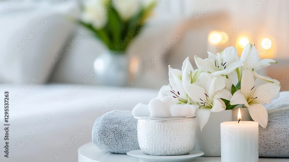 Poster serene spa setting with fresh white lilies candles and soft towels for a relaxing atmosphere : gener