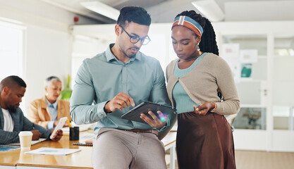 Discussion, tablet and business people in office talking for ideas, website and planning. Teamwork,...