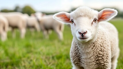Naklejka premium Cute lamb standing in a lush green field surrounded by other sheep on a sunny day : Generative AI