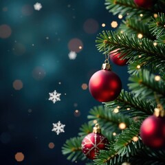 Fototapeta premium Snowflakes gently falling on a festive Christmas tree, festive atmosphere, winter scene, holiday decoration