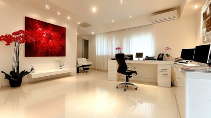 Modern office interior with art and sleek white furniture
