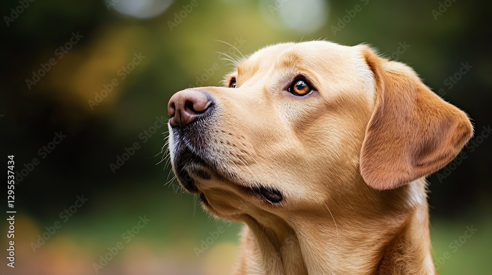 Poster Golden Labrador dog gazing curiously with a soft blur of nature in the background : Generative AI