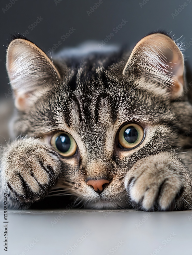Poster adorable close up of a playful grey tabby cat with big eyes : generative ai