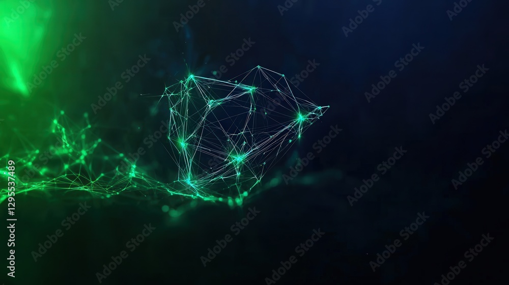 Poster green network structure floating in a dark, blurred, abstract background