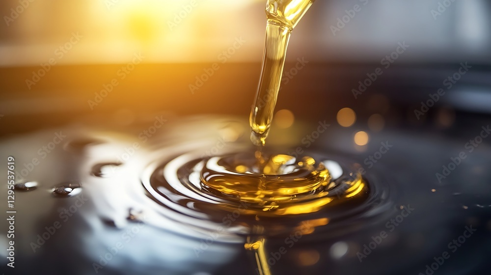 Poster closeup shot of golden oil dripping gently into reflective water creating circular ripples and highl