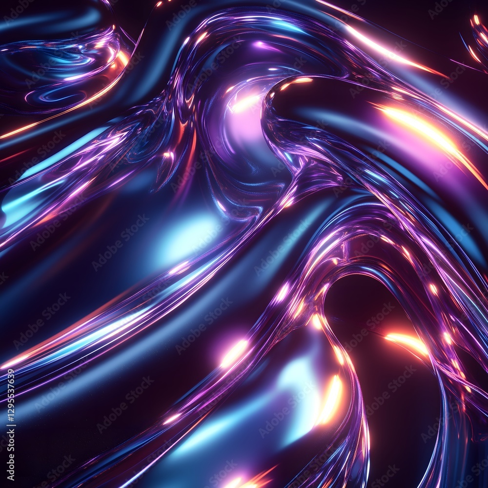 Poster a futuristic 3d render of smooth, flowing liquid forms in the center of the screen, surrounded by dy