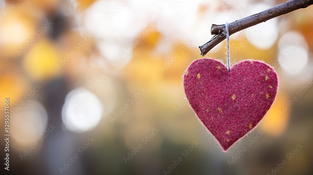 Poster charming felt heart decoration hanging on a branch amidst a colorful autumn backdrop : generative ai