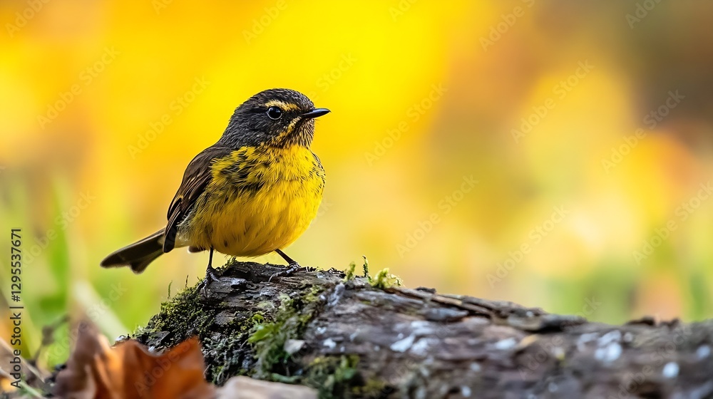 Poster colorful yellow bird perched on a log with a vibrant background of autumn colors : generative ai