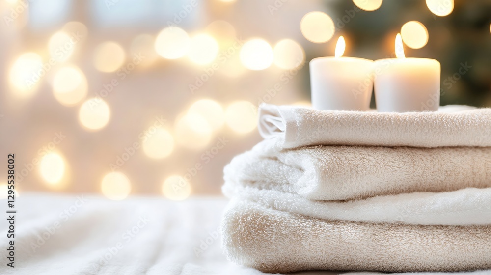 Aufkleber Soft towels and candles on a relaxing table with warm bokeh lights in the background : Generative AI