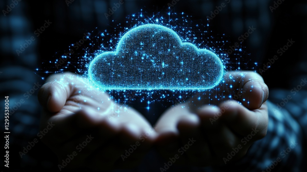 Poster person holds digital cloud data in hands; glowing particles in the background