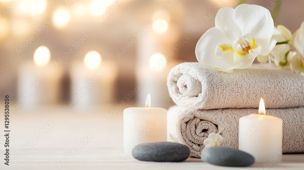 Poster elegant arrangement of soft towels candles and white orchids for luxurious spa experience : generati