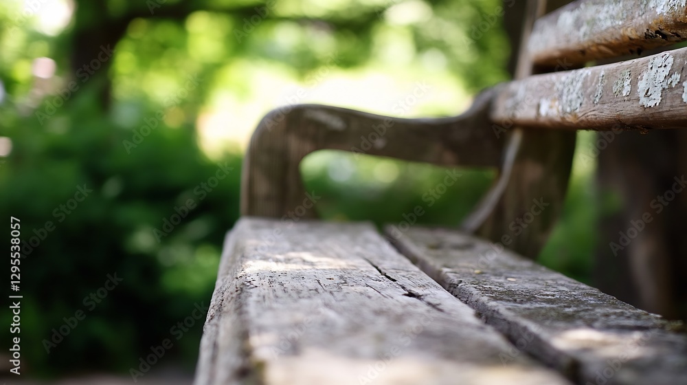 Poster weathered wooden bench with sunlight filtering through greenery in a park setting : generative ai