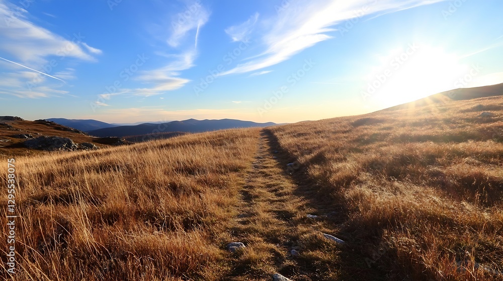 Poster scenic view of a sunset over rolling hills with a path leading through golden grasslands : generativ