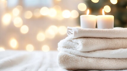 Soft towels and candles on a relaxing table with warm bokeh lights in the background : Generative AI