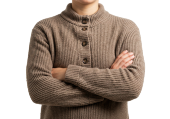 person wearing a brown knitted sweater with buttons stands with arms crossed against a isolated white background
