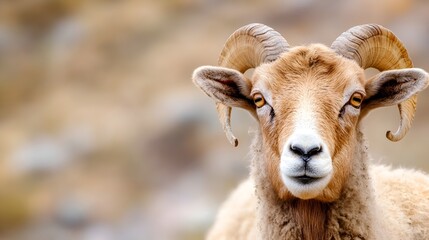 Fototapeta premium Close Up Portrait of a Majestic Mountain Sheep with Spiraled Horns in Natural Habitat : Generative AI