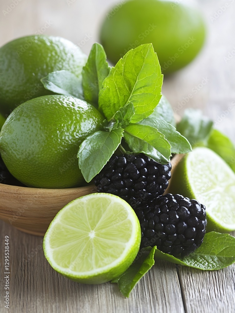 Poster fresh and vibrant limes and blackberries with mint on a rustic wooden table : generative ai