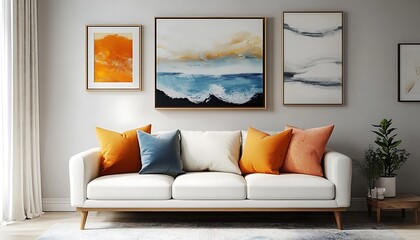 A modern living room with art and a white sofa