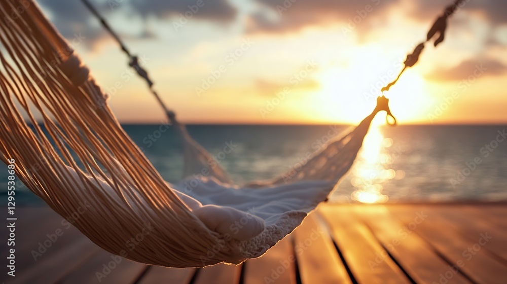 Poster tranquil sunset over water with hammock inviting relaxation : generative ai