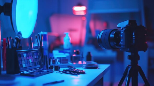 A beauty influencers setup with makeup camera and neon lights