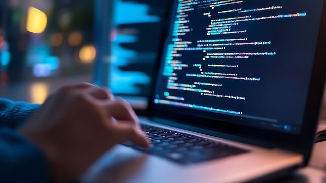 Closeup view of programmer hands typing code on laptop in dark setting : Generative AI