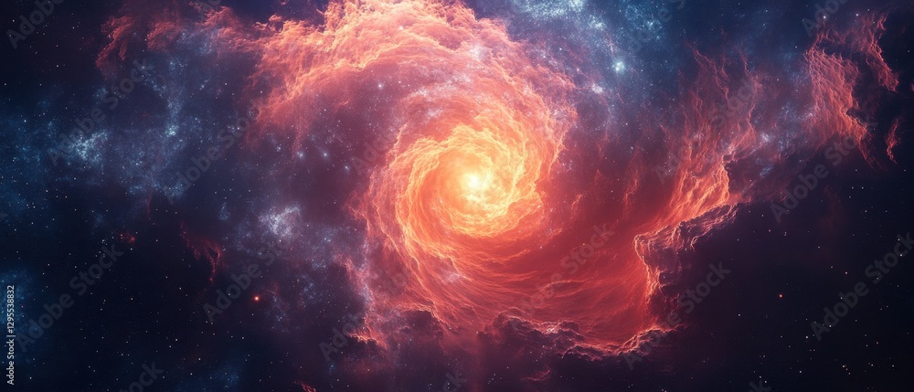 Poster fiery cosmic swirl in deep space with vibrant nebula cloud and distant stars creating a celestial vo